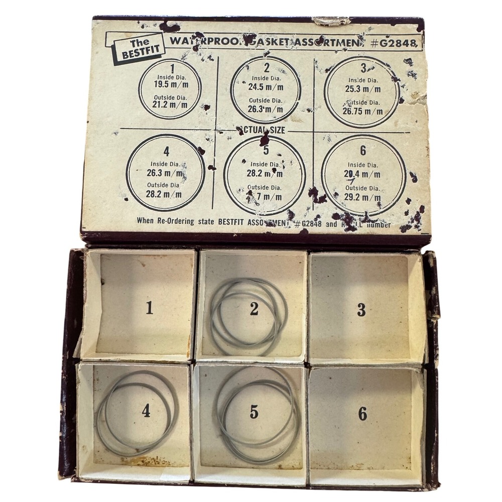 Vintage The Bestfit Waterproof Gasket Assortment G2848 Watch Repair Kit Box